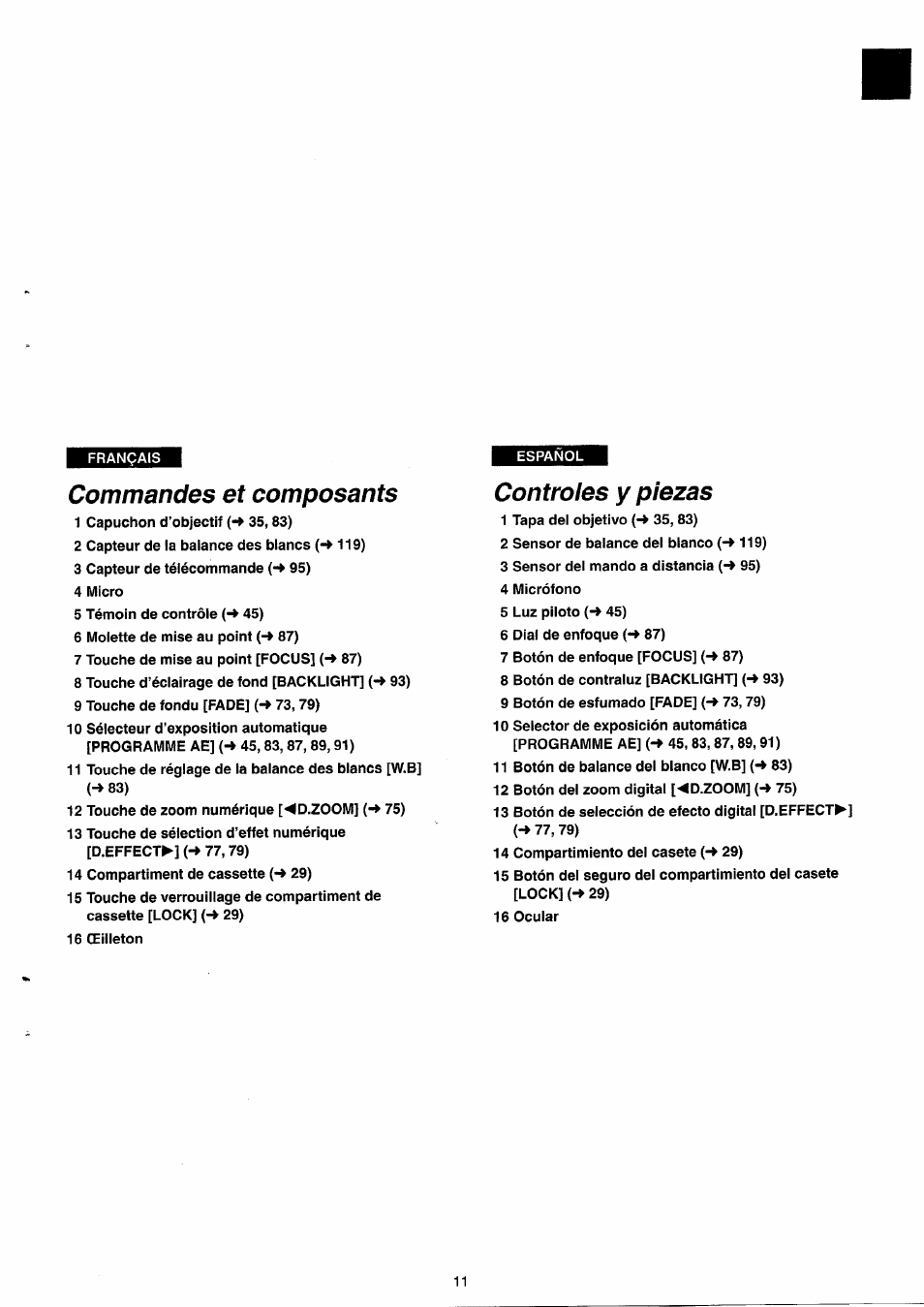 Commandes et composants, Controles y piezas | Panasonic NVRX33EG User Manual | Page 11 / 138