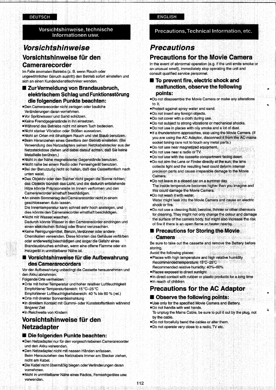 Vorsichtshin weise, Vorsichtshinweise für den camerarecorder, Vorsichtshinweise für den netzadapter | Precautions, Precautions for the movie camera, Precautions for the ac adaptor, Vorsichtshinweise | Panasonic NVRX33EG User Manual | Page 112 / 138