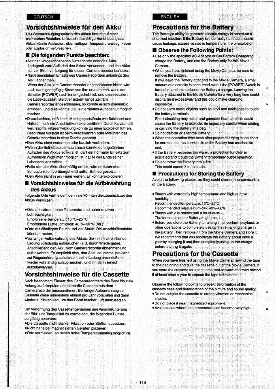 Vorsichtshinweise für den akku, Vorsichtshinweise für die cassette, Precautions for the battei7 | Precautions for the cassette, Oie folgenden punkte beachten, Vorsichtshinweise für die aufbewahrung des akkus, Observe the following points, Precautions for storing the battery | Panasonic NVRX33EG User Manual | Page 114 / 138