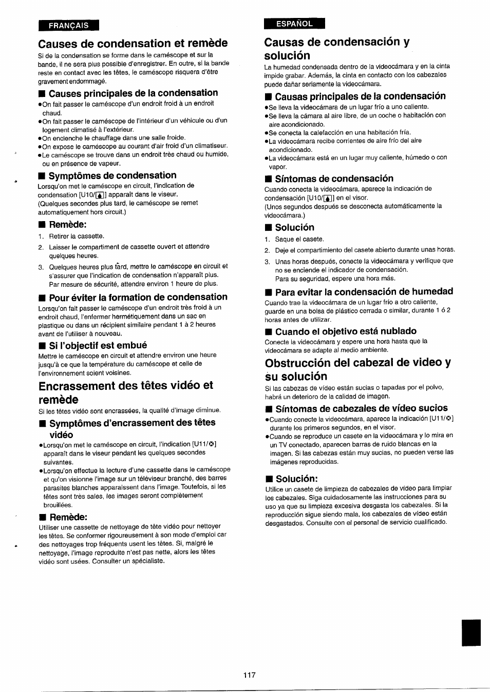 Causes de condensation et remède, Encrassement des têtes vidéo et remède, Causas de condensación y solución | Obstrucción del cabezal de video y su solución, Encrassement des têtes vidéo et remède.117, Heures plus tard, mettre le caméscope, Circuit et | Panasonic NVRX33EG User Manual | Page 117 / 138