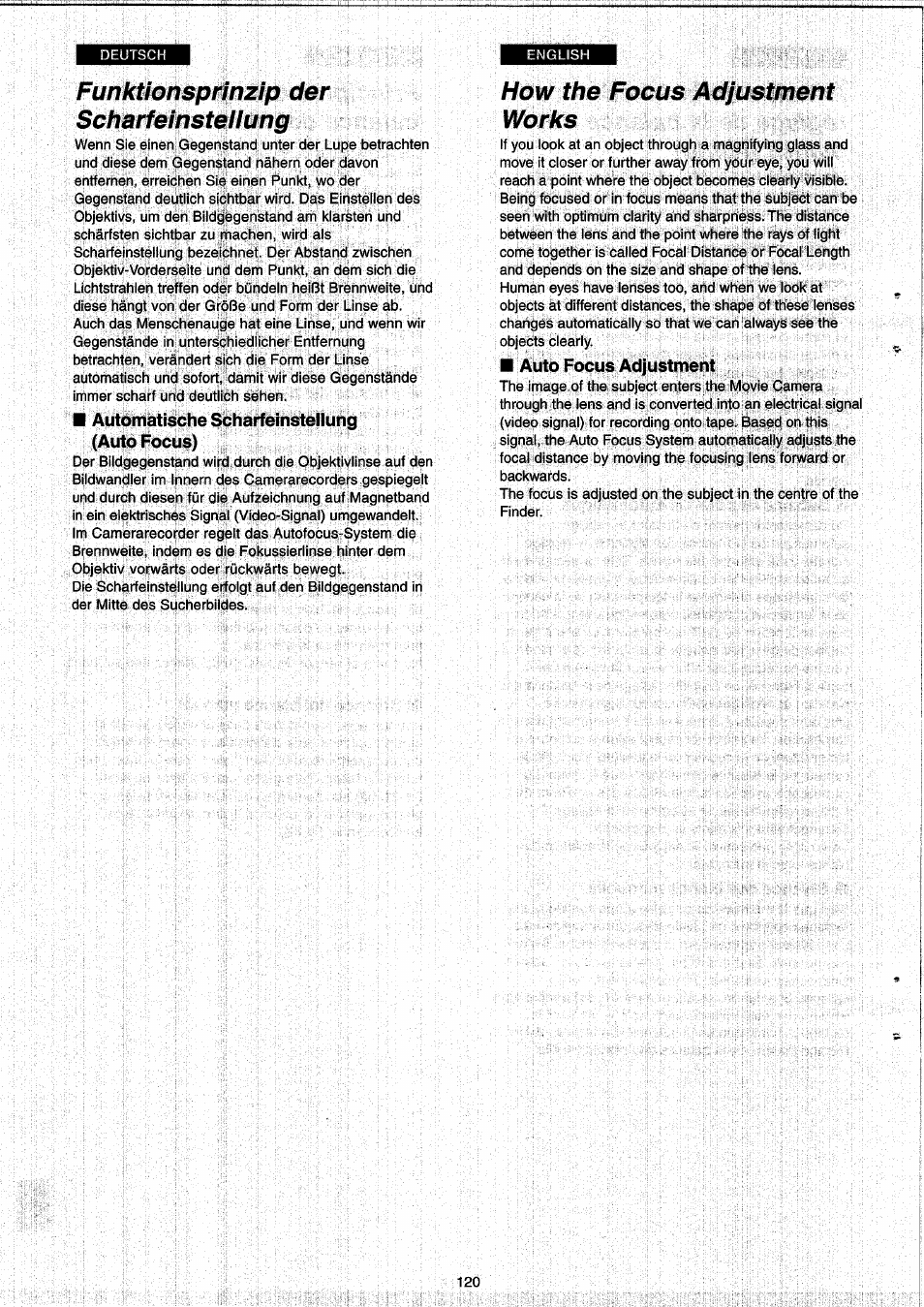 Funktionsprinzip der scharfeinsteiiung, How the focus adjustment works, Funktionsprinzip der scharfeinstellung | Panasonic NVRX33EG User Manual | Page 120 / 138