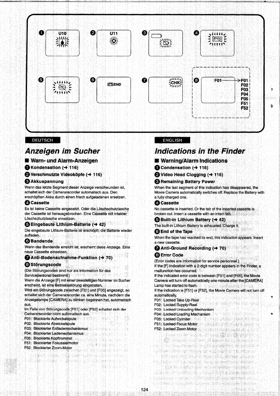 Anzeigen im sucher, Indications in the finder | Panasonic NVRX33EG User Manual | Page 124 / 138