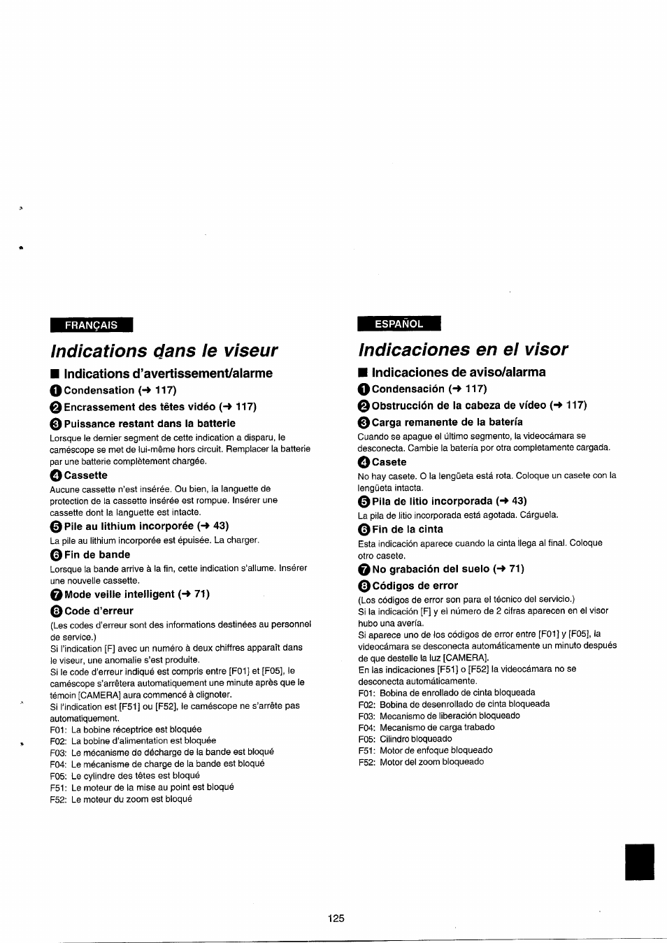 Indications dans le viseur, Indicaciones en el visor | Panasonic NVRX33EG User Manual | Page 125 / 138