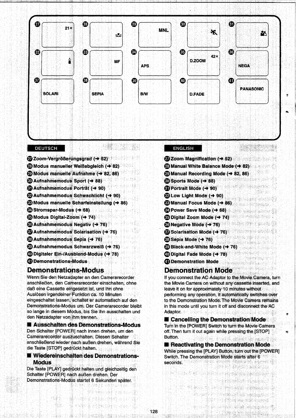 Demonstrations-modus, Demonstration mode | Panasonic NVRX33EG User Manual | Page 128 / 138