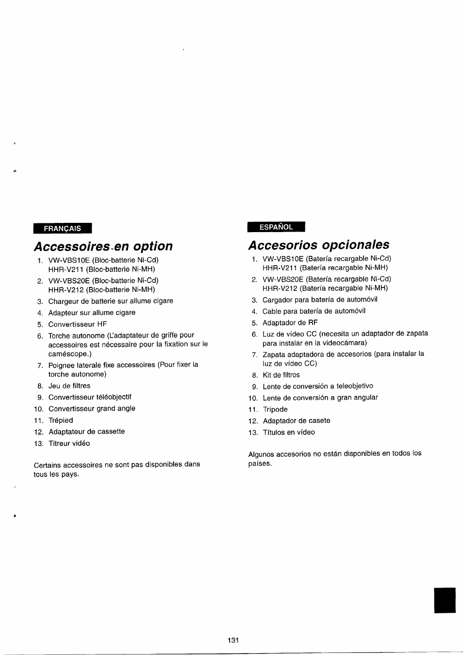 Accessoires en option, Accesorios opcionales, Accessoires | Option, Accessoires en option accesorios opcionales | Panasonic NVRX33EG User Manual | Page 131 / 138