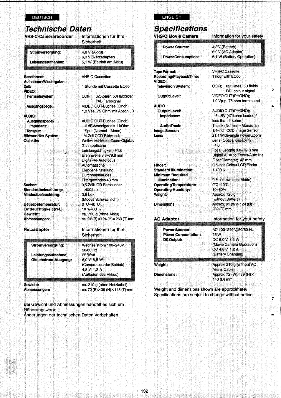 Technische daten, Specifications | Panasonic NVRX33EG User Manual | Page 132 / 138