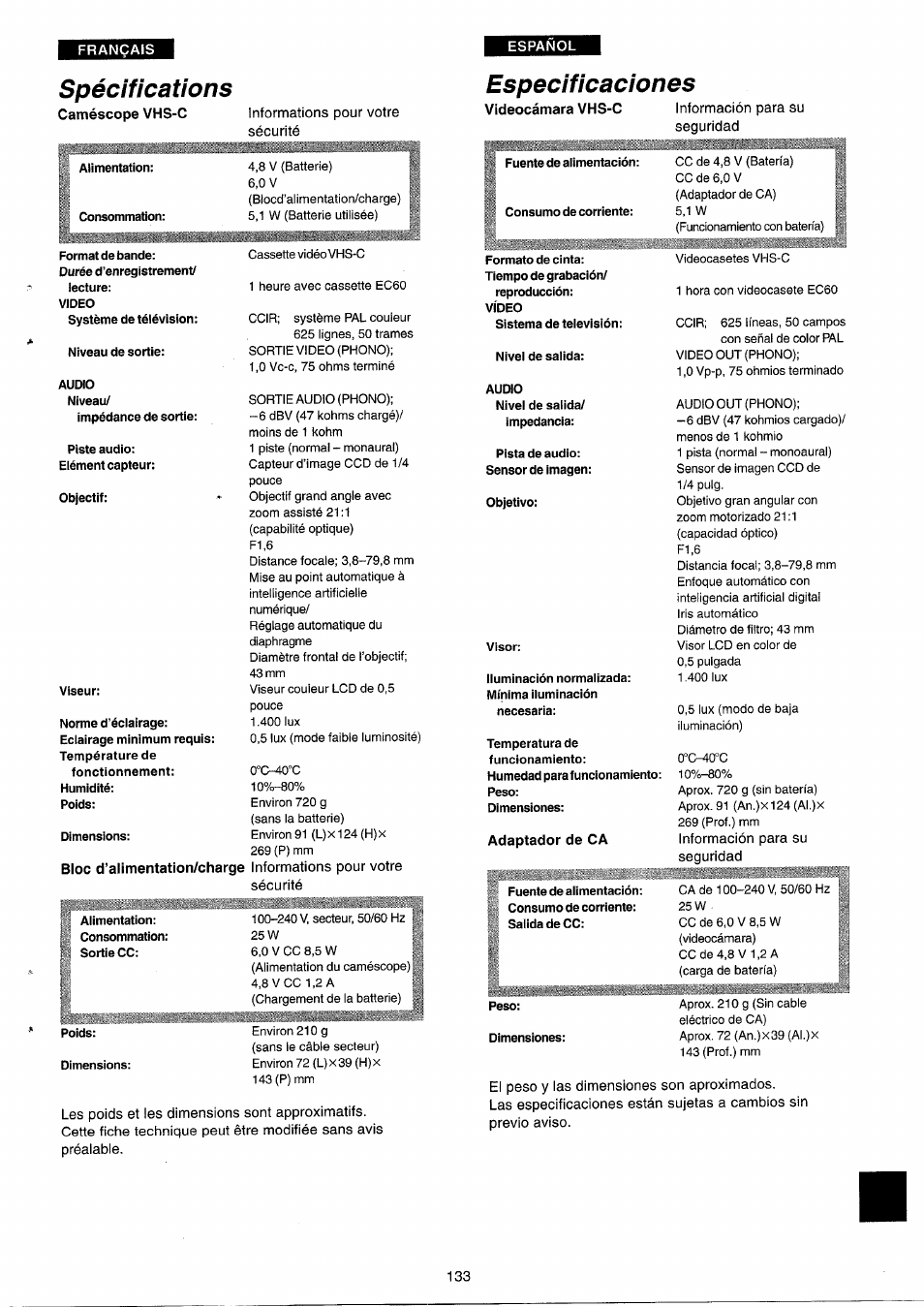 Spécifications, Especificaciones, Carga de batería) | Panasonic NVRX33EG User Manual | Page 133 / 138