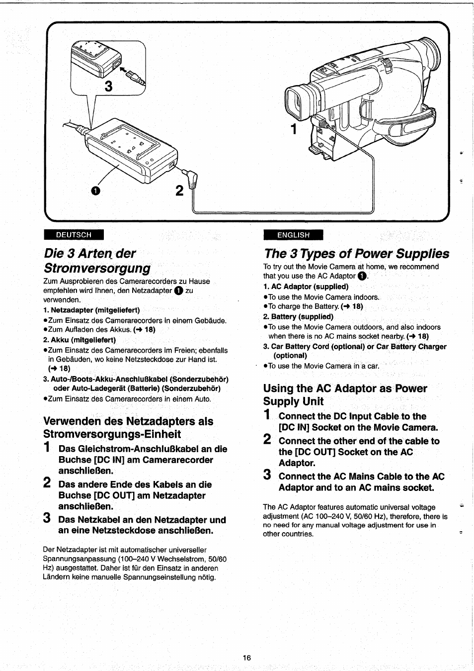 Die 3 a rten der stromversörgung, The 3 types of power supplies, Using the ac adaptor as power supply unit | Die 3 arten der stromversorgung | Panasonic NVRX33EG User Manual | Page 16 / 138