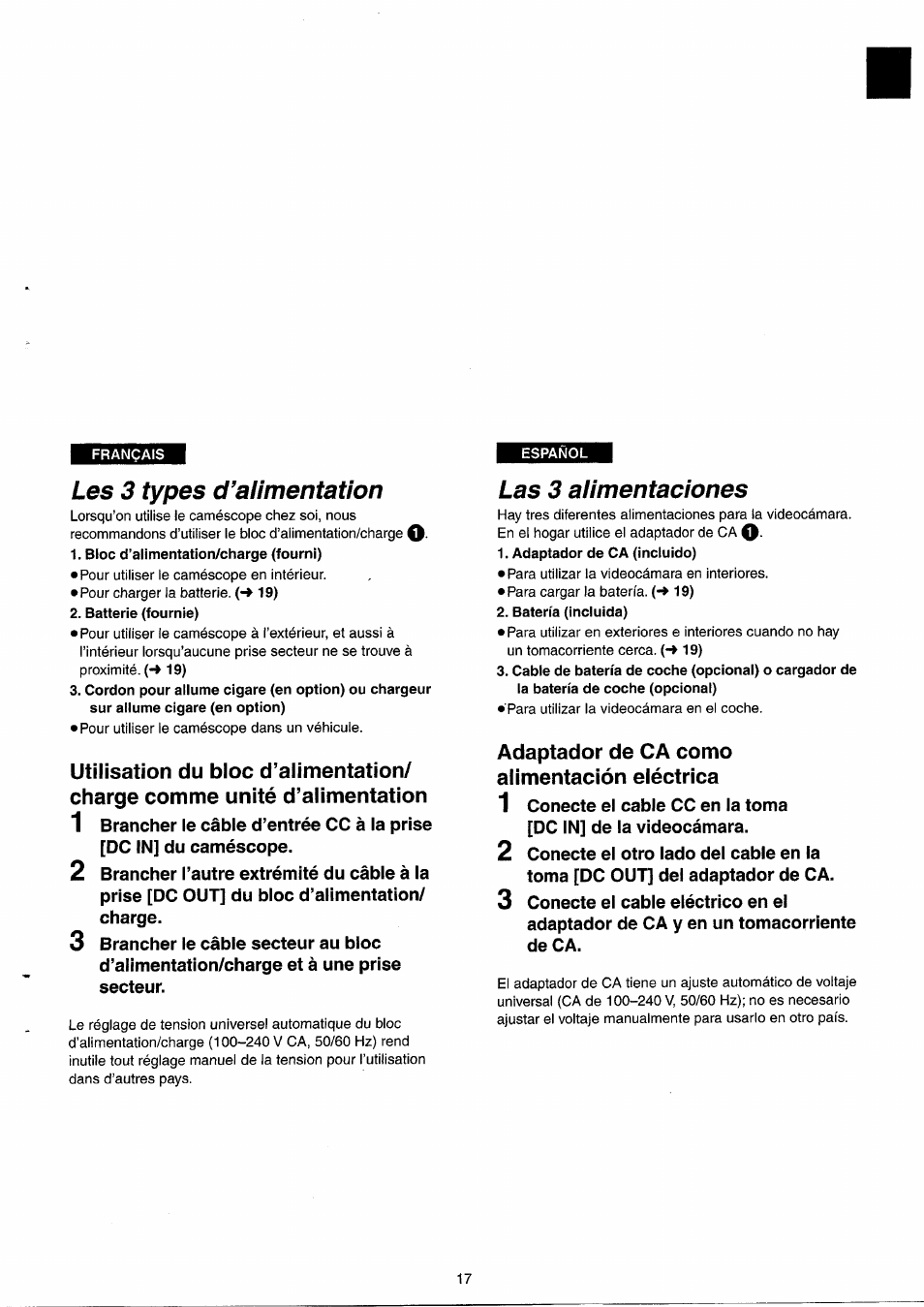 Les 3 types d'alimentation, Las 3 alimentaciones, Adaptador de ca como alimentación eléctrica | Les 3 types d’alimentation, Adaptador de ca como alimentación, Eléctrica | Panasonic NVRX33EG User Manual | Page 17 / 138