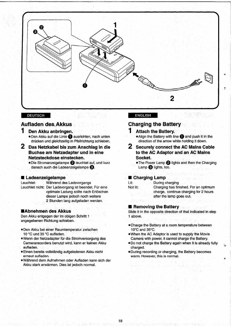 Aufladen des.akkus, Charging the battery, Aufladen des akkus | Panasonic NVRX33EG User Manual | Page 18 / 138