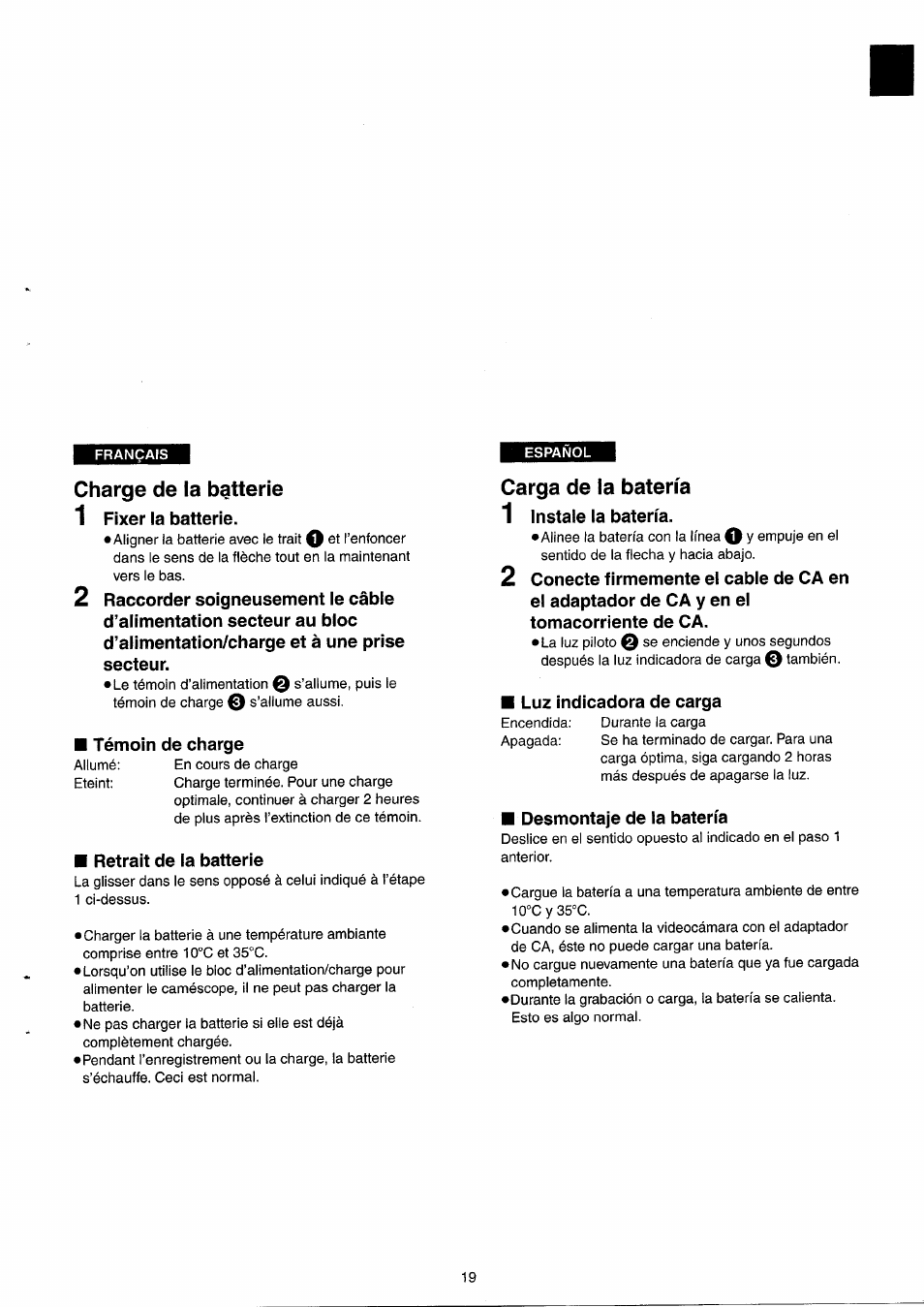 Charge de la batterie, Carga de ia batería, Carga de la batería | Panasonic NVRX33EG User Manual | Page 19 / 138