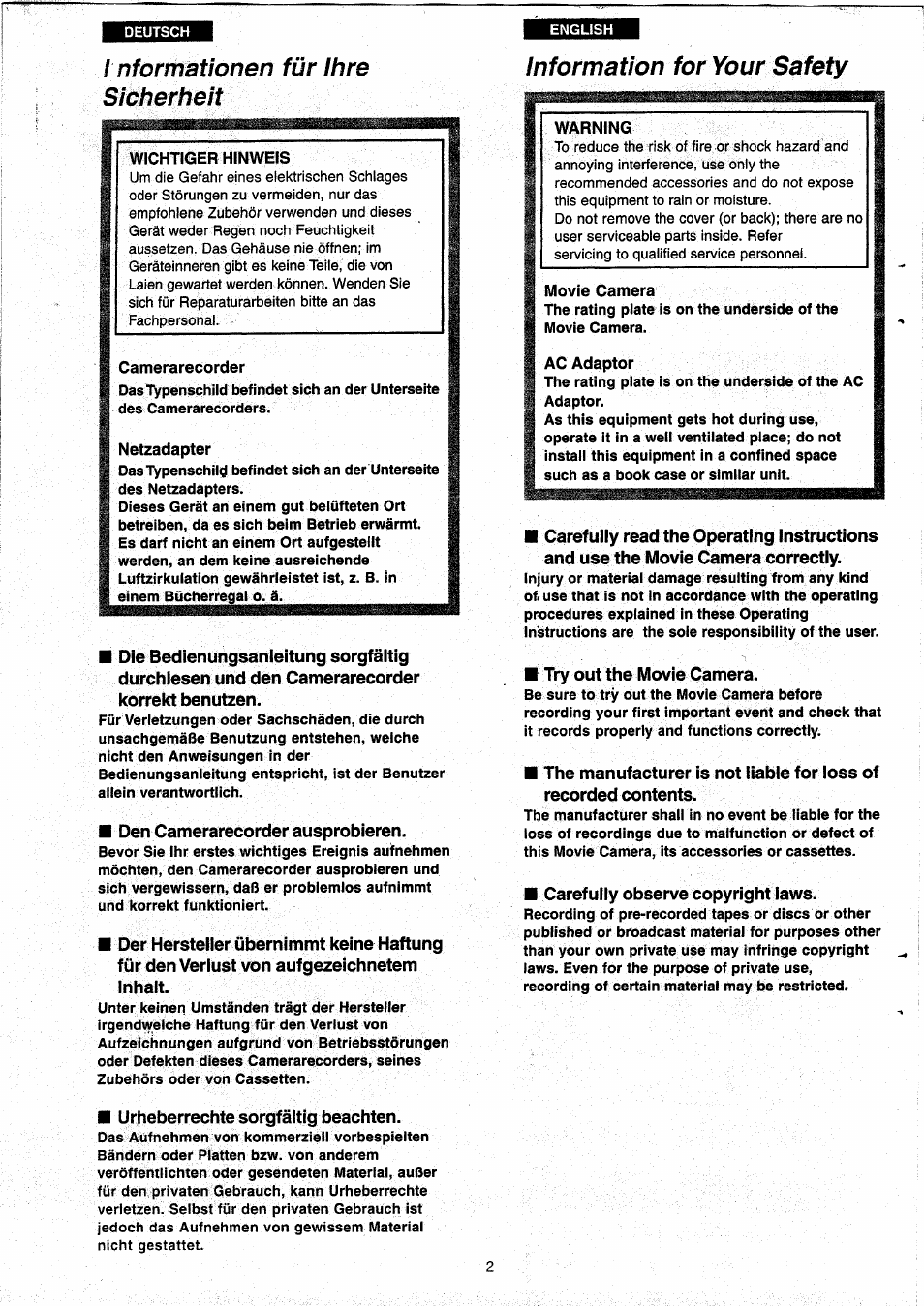 Informationen für ihre sicherheit, Information for your safety | Panasonic NVRX33EG User Manual | Page 2 / 138