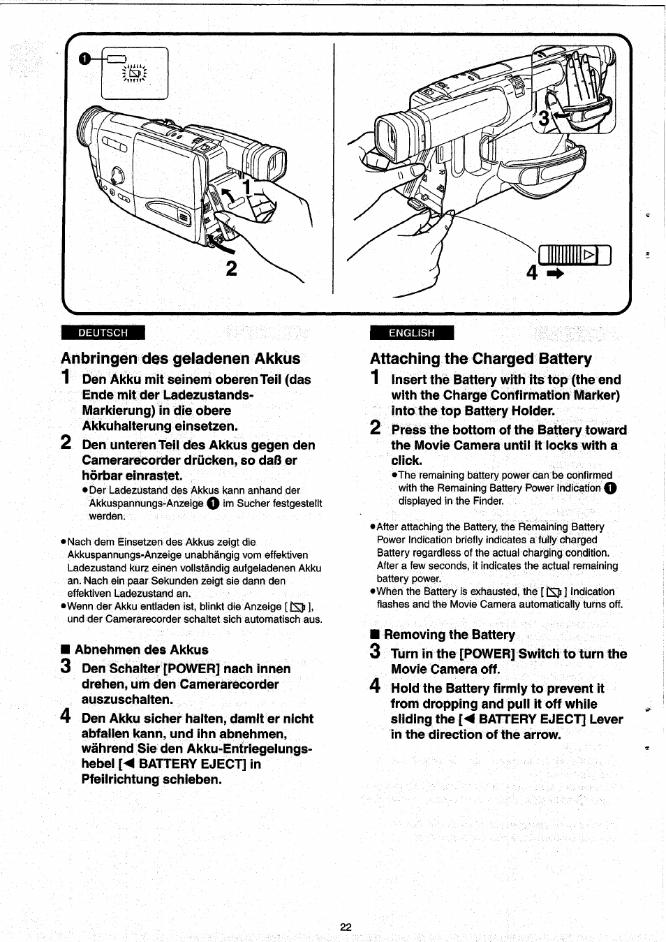 Anbringen des geladenen akkus, Attaching the charged battery | Panasonic NVRX33EG User Manual | Page 22 / 138