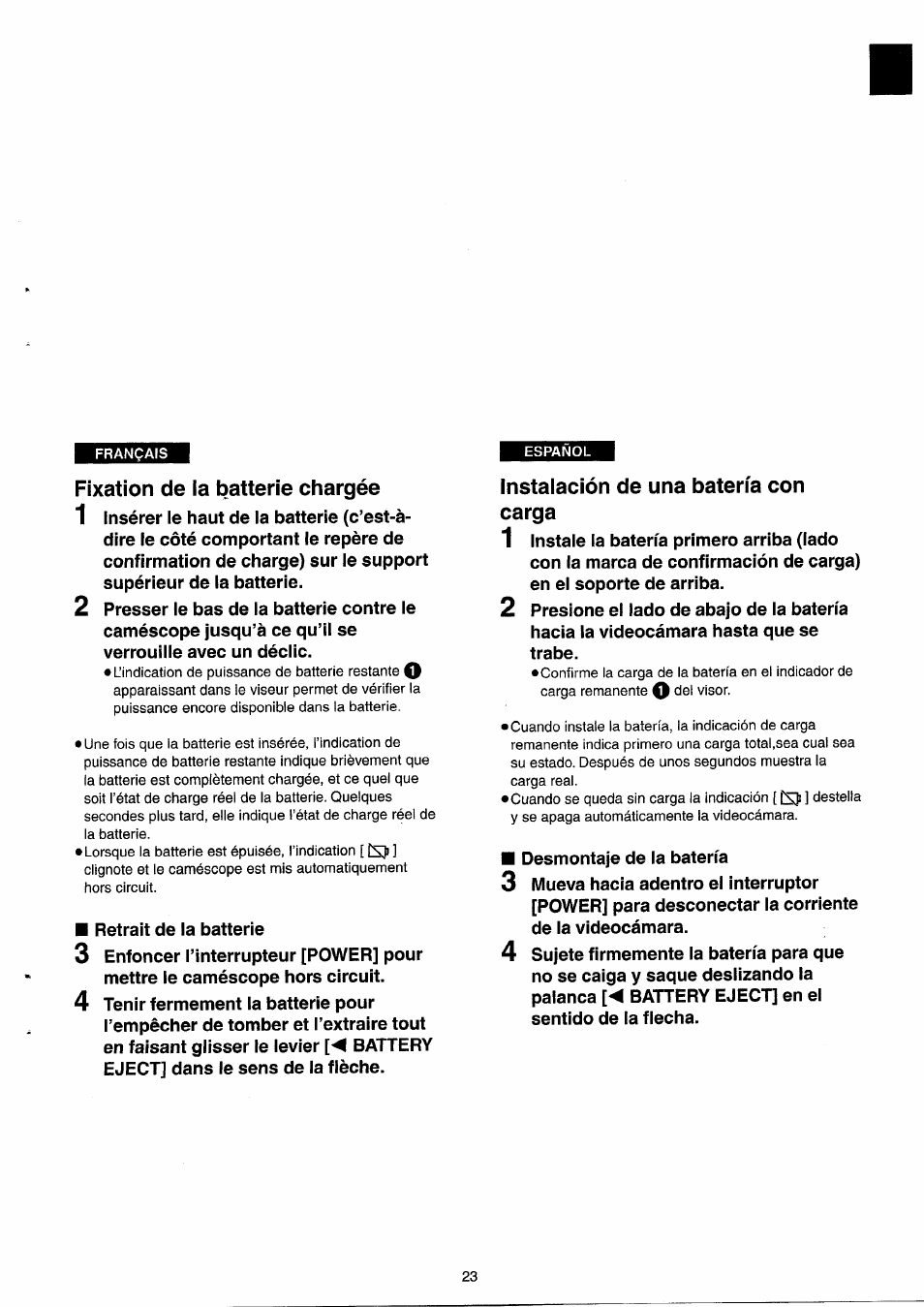 Fixation de ia batterie chargée, Instalación de una batería con carga, Fixation de la batterie chargée | Panasonic NVRX33EG User Manual | Page 23 / 138