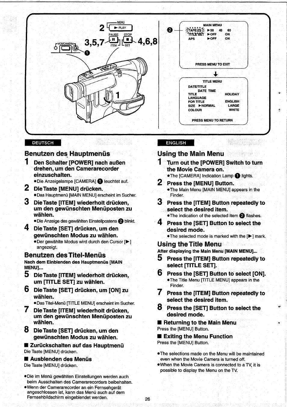 Benutzen des hauptmenüs, Benutzen des titel-menüs, Using the main menu | Using the title menu, Benutzen des hauptmenüs • benutzen des titel-menüs, Using the main menu •using the title menu | Panasonic NVRX33EG User Manual | Page 26 / 138