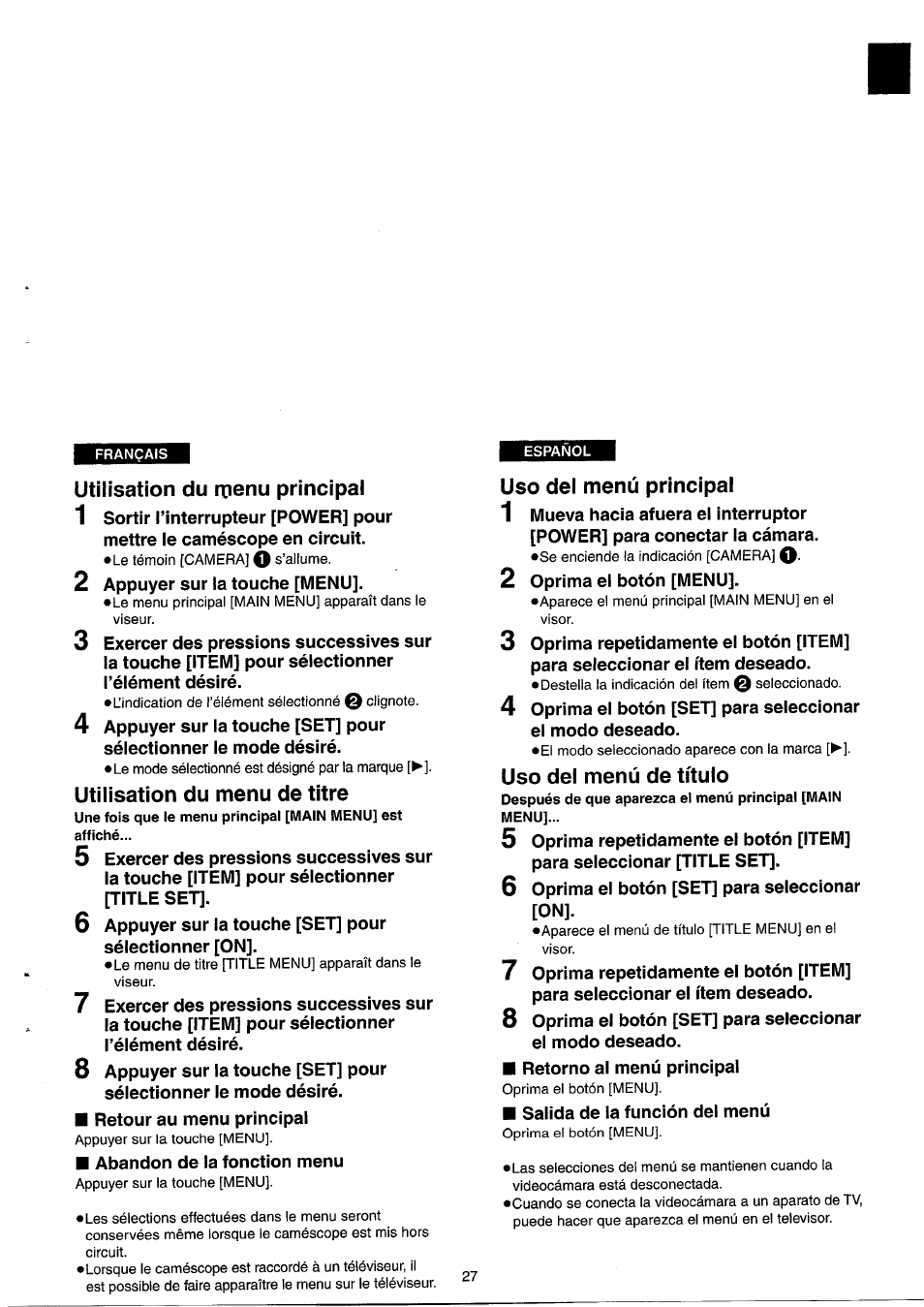 Utilisation du itienu principal, Utilisation du menu de titre, Uso del menú principal | Uso del menú de título, Uso del menú principal • uso del menú de título | Panasonic NVRX33EG User Manual | Page 27 / 138