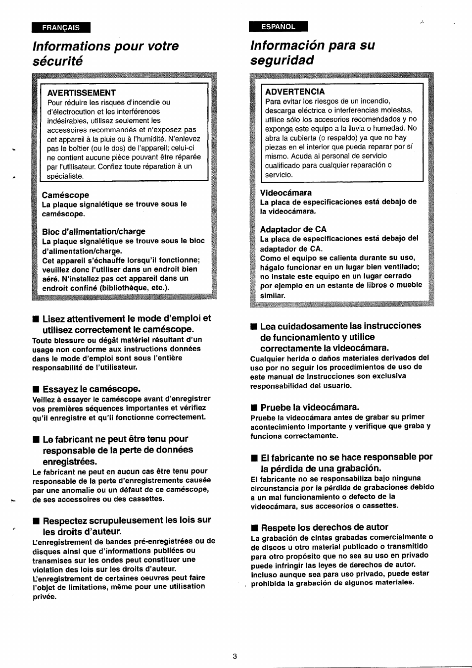 Informations pour votre sécurité, Información para su seguridad | Panasonic NVRX33EG User Manual | Page 3 / 138