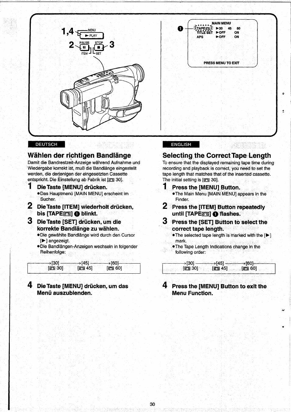 Wählen der richtigen bandlänge, Selecting the correct tape length | Panasonic NVRX33EG User Manual | Page 30 / 138