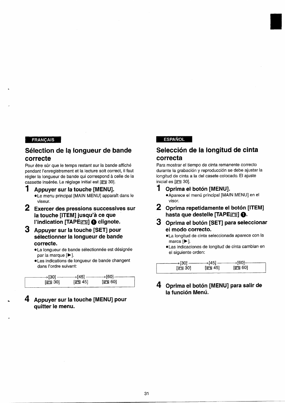 Sélection de fa longueur de bande correcte, Selección de la longitud de cinta correcta, Sélection de la longueur de bande correcte | Selección de la longitud de cinta correcta.31 | Panasonic NVRX33EG User Manual | Page 31 / 138