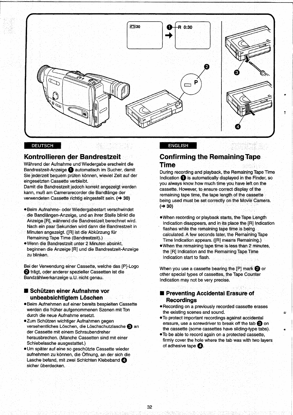 Kontrollieren der bandrestzeit, Confirming the remaining tape time | Panasonic NVRX33EG User Manual | Page 32 / 138