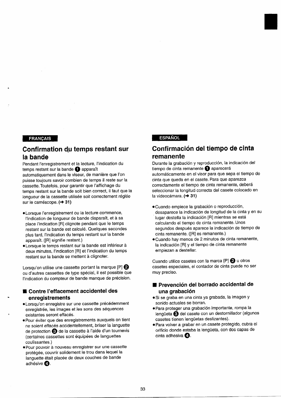 Confirmation du temps restant sur la bande, Confirmación del tiempo de cinta remanente | Panasonic NVRX33EG User Manual | Page 33 / 138