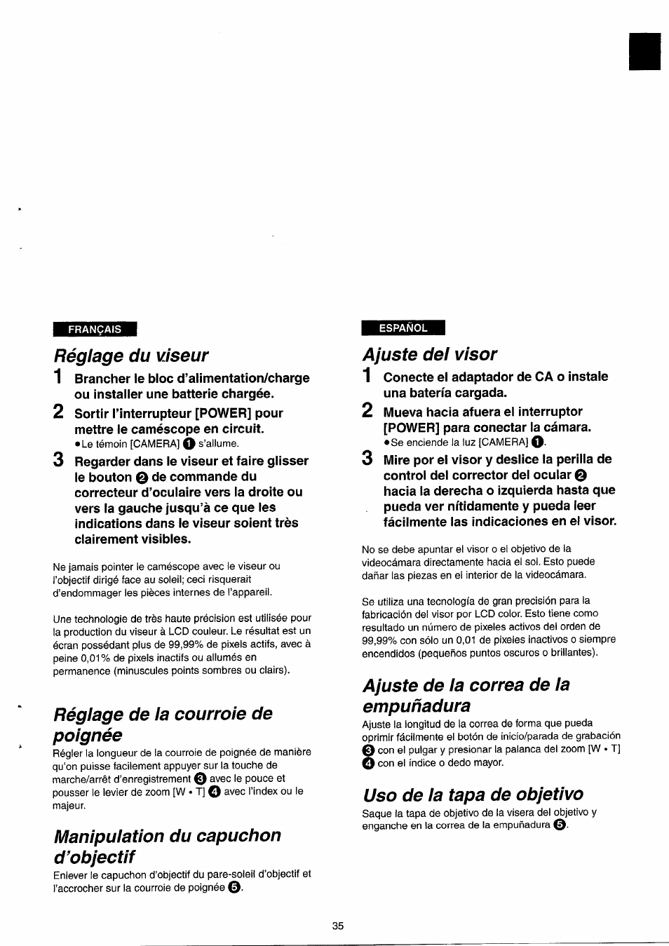 Réglage du viseur, Réglage de la courroie de poignée, Manipulation du capuchon d’objectif | Ajuste del visor, Ajuste de la correa de la empuñadura, Uso de la tapa de objetivo | Panasonic NVRX33EG User Manual | Page 35 / 138