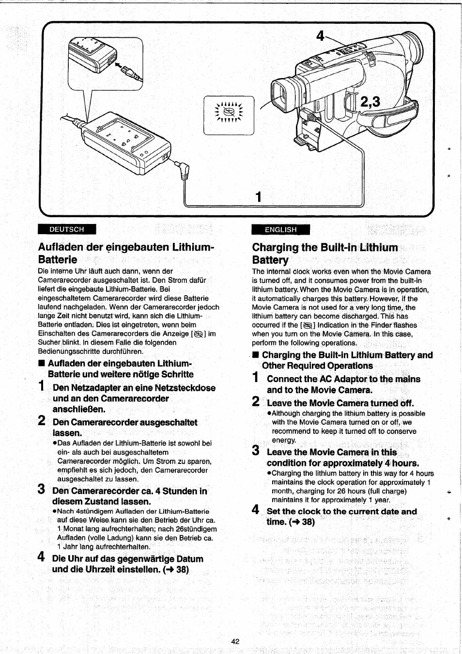 Auf laden der eingebauten lithium- batterie, Charging the built-in lithium battery, Aufladen der eingebauten lithium-batterie.42 | Panasonic NVRX33EG User Manual | Page 42 / 138