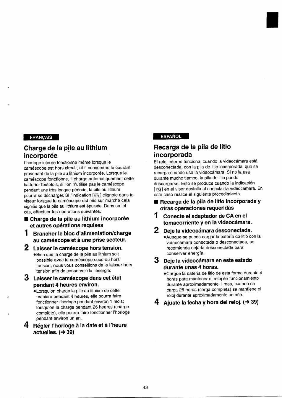 Charge de la pile au lithium incorporée, Recarga de ía pila de litio incorporada, Recarga de la pila de litio incorporada | Panasonic NVRX33EG User Manual | Page 43 / 138