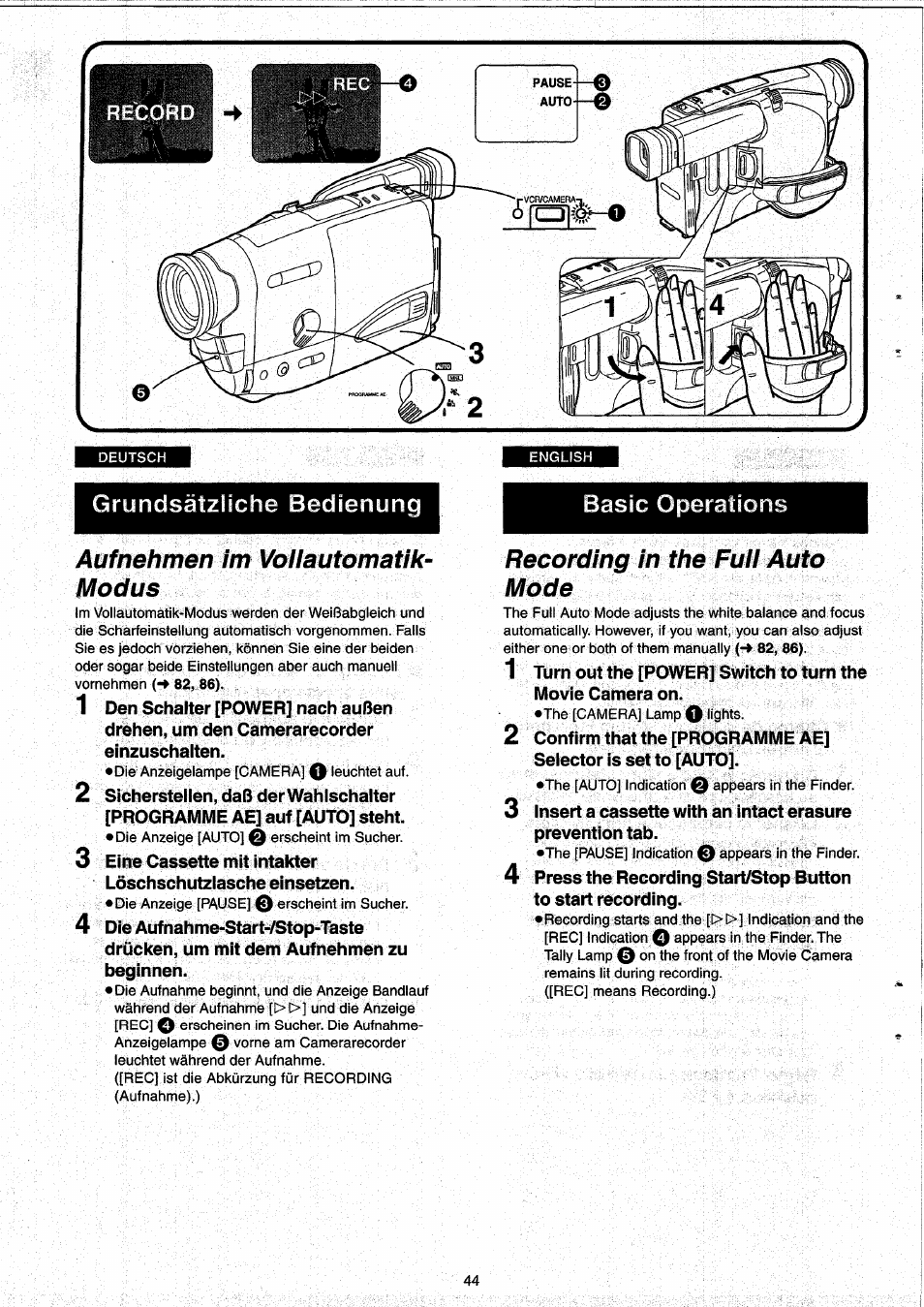 Aufnehmen im vollautomatik- modus, Recording in the full auto mode, Folim | Basic operations | Panasonic NVRX33EG User Manual | Page 44 / 138