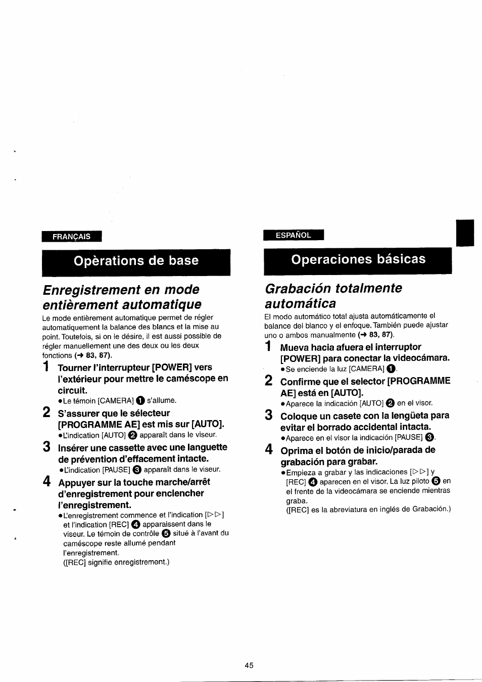 Enregistrement en mode entièrement automatique, Grabación totalmente automática, Opérations de base | Operaciones básicas | Panasonic NVRX33EG User Manual | Page 45 / 138