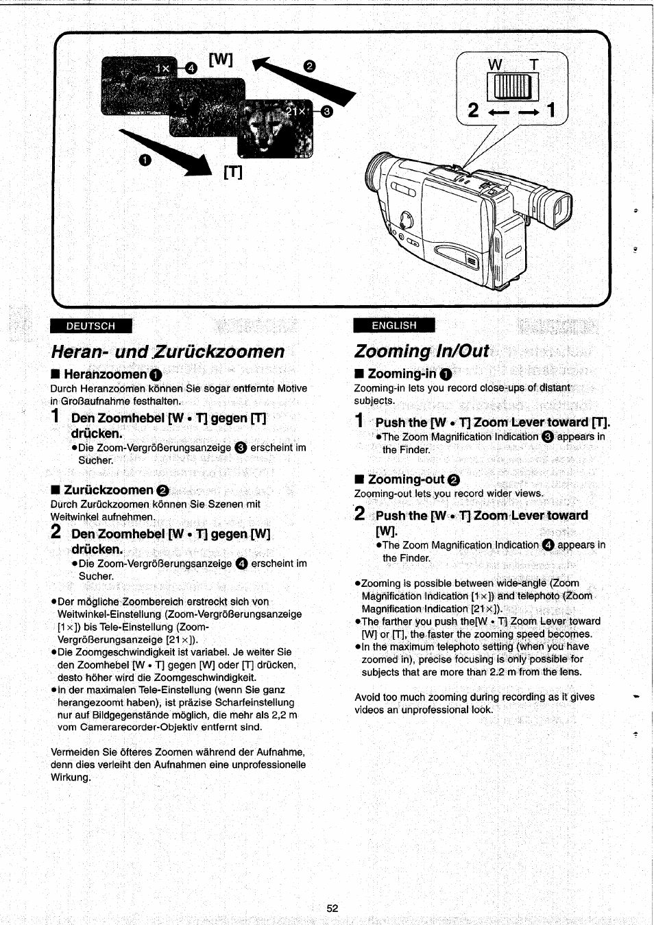 Heran- und zurückzoomen, Zooming in/out | Panasonic NVRX33EG User Manual | Page 52 / 138