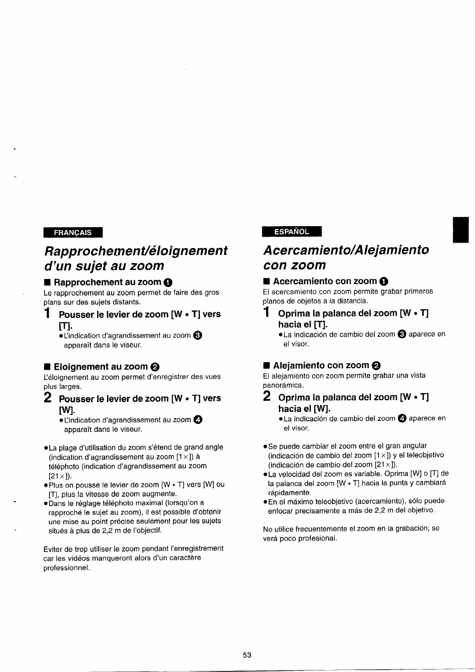 Rapprochement/éloignement d’un sujet au zoom, A cerca mien to/a leja mien to con zoom | Panasonic NVRX33EG User Manual | Page 53 / 138