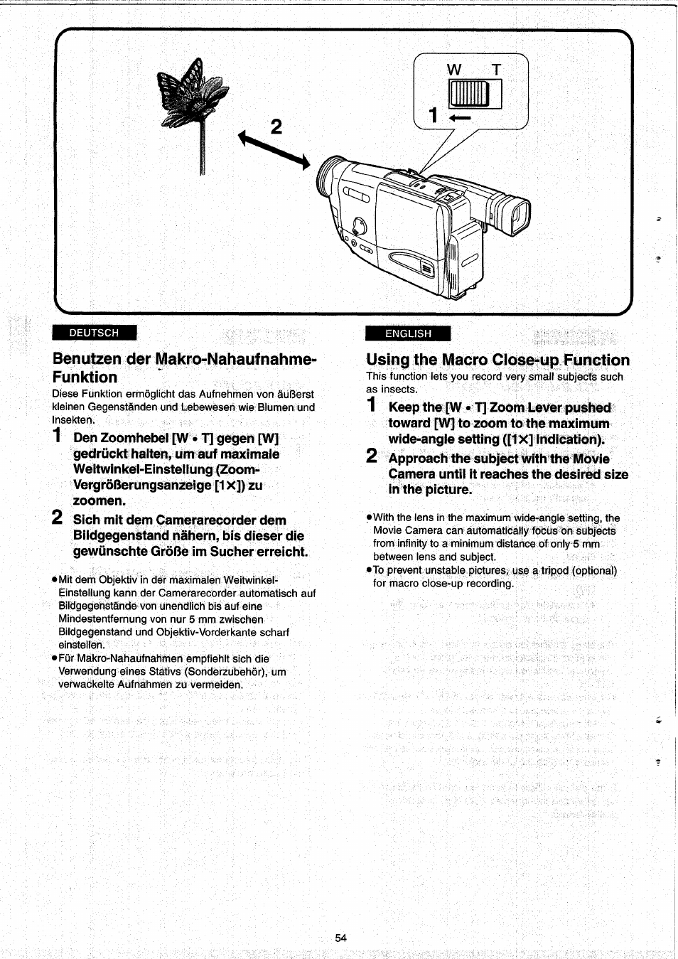 Benutzen der makro-nahaufnahme- funktion, Using the macro close-up function | Panasonic NVRX33EG User Manual | Page 54 / 138