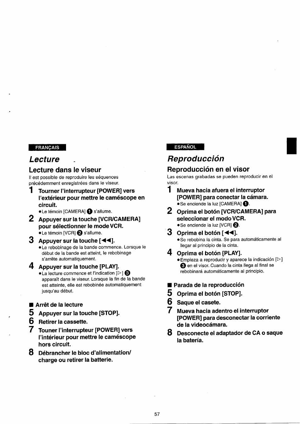 Lecture, Lecture dans le viseur, Reproducción | Reproducción en el visor | Panasonic NVRX33EG User Manual | Page 57 / 138