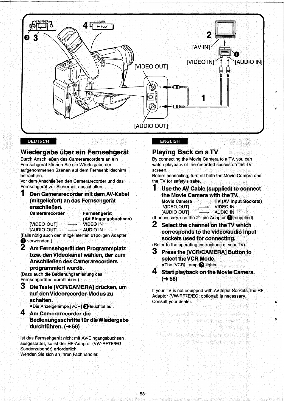 Wiedergabe über ein fernsehgerät, Playing back on a tv | Panasonic NVRX33EG User Manual | Page 58 / 138