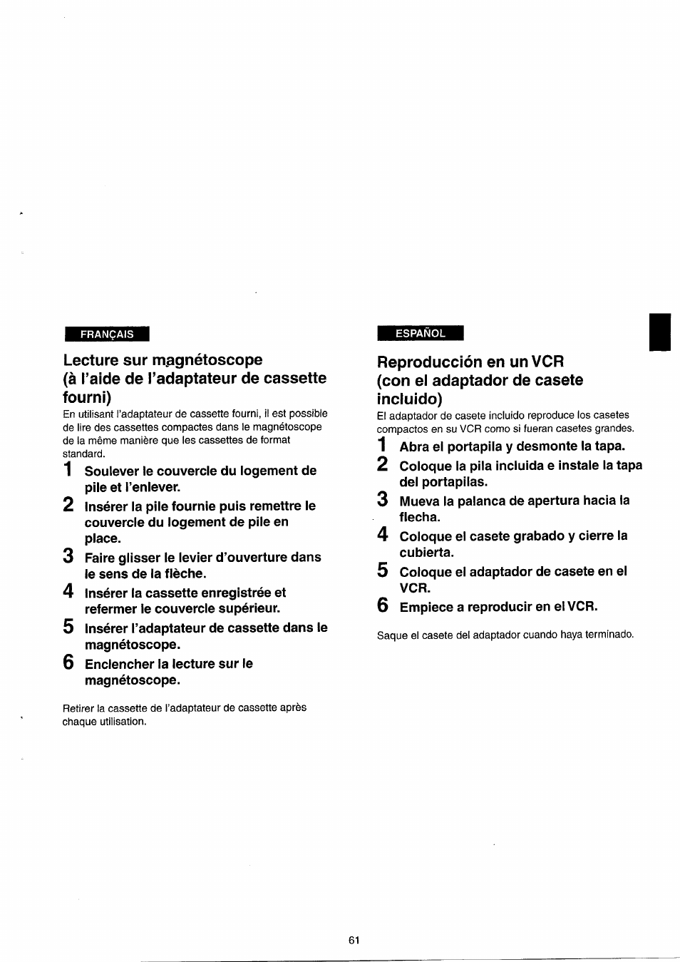 Lecture sur magnétoscope, À l’aide de l’adaptateur de cassette, Fourni) | À l’aide de l’adaptateur de cassette fourni) | Panasonic NVRX33EG User Manual | Page 61 / 138