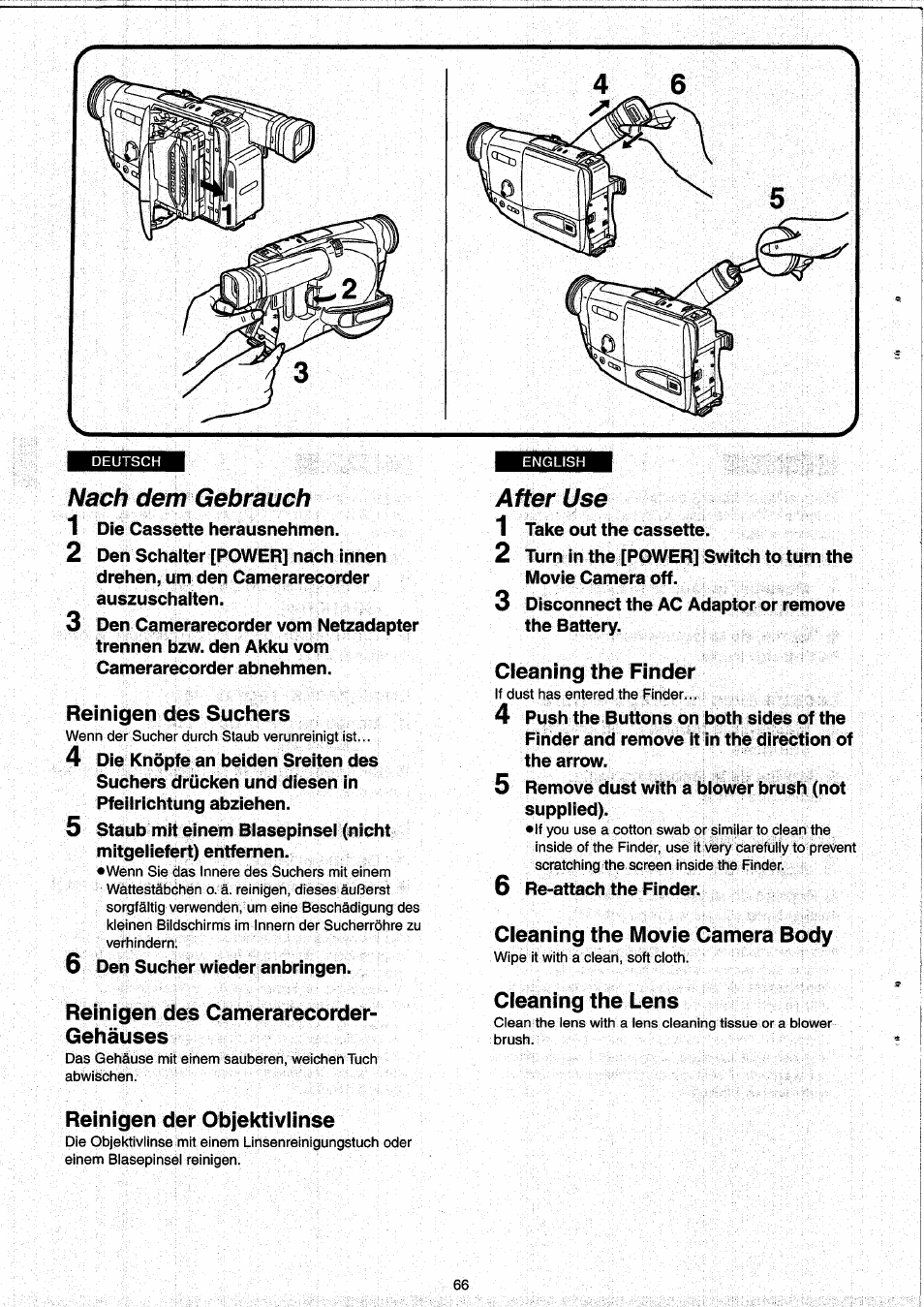 Nach dem gebrauch, Reinigen des suchers, Reinigen des camerarecorder- gehäuses | Reinigen der objektiviinse, After use, Cieaning the finder, Cleaning the movie camera body, Cieaning the lens | Panasonic NVRX33EG User Manual | Page 66 / 138