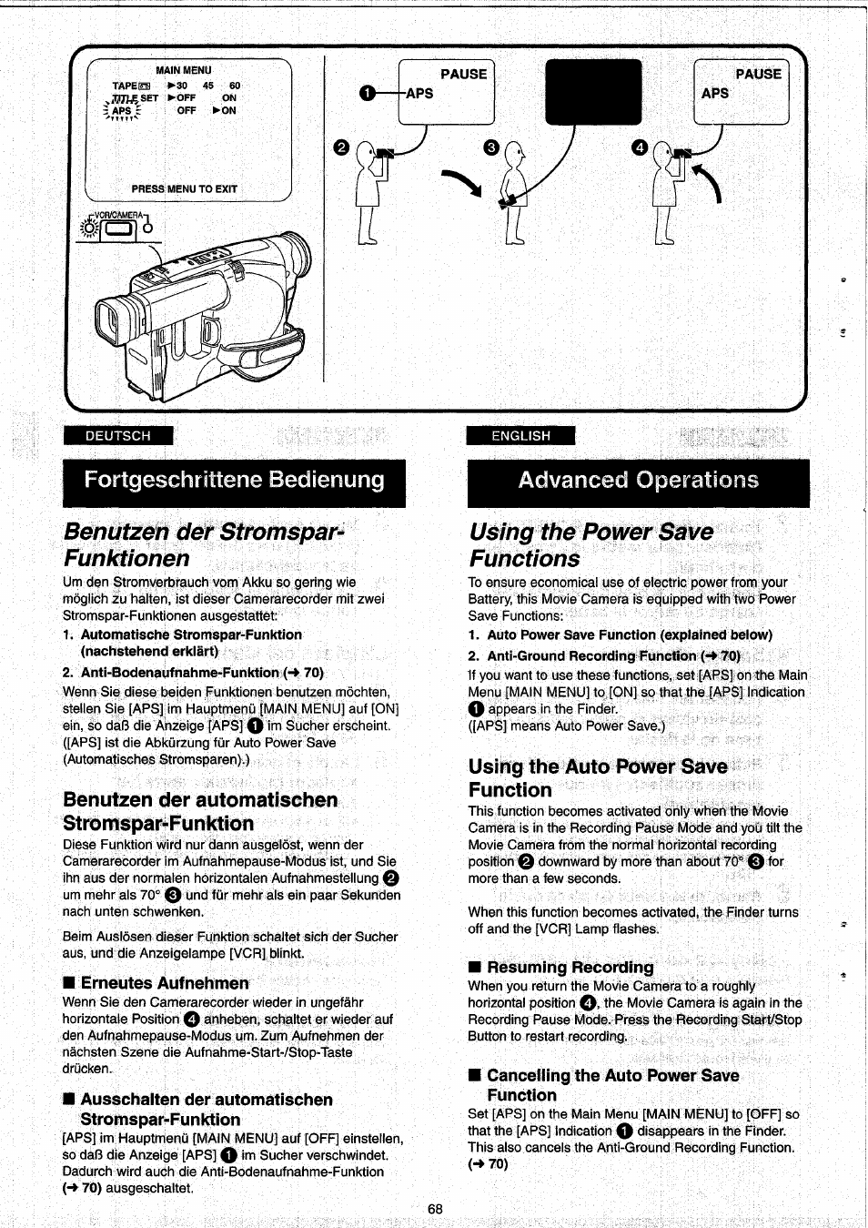 Benutzen der stromspar- funktionen, Benutzen der automatischen stromspar-funktion, Using the power save functions | Using the auto power save function, Benutzen der stromspar-funktionen, Fortgeschrittene bedienung advanced operations | Panasonic NVRX33EG User Manual | Page 68 / 138