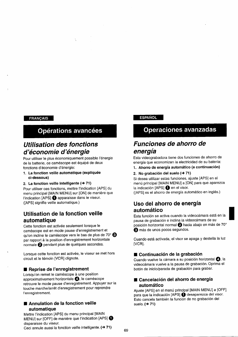 Utilisation des fonctions d’économie d’énergie, Utilisation de la fonction veille automatique, Funciones de ahorro de energía | Uso del ahorro de energía automático, Opérations avancées operaciones avanzadas | Panasonic NVRX33EG User Manual | Page 69 / 138