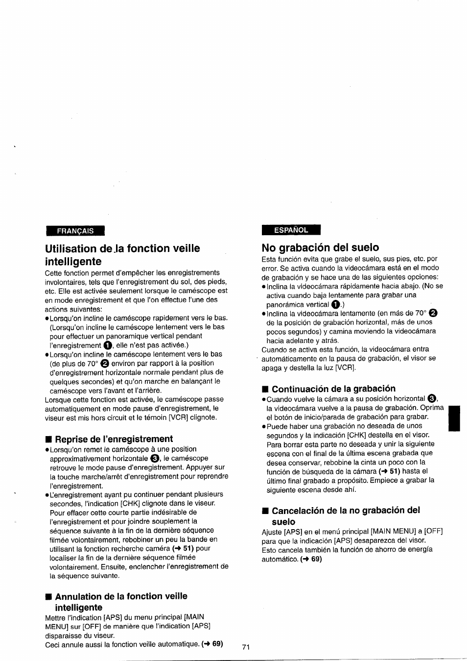 Utilisation déjà fonction veille intelligente, No grabación del suelo, Utilisation de la fonction veille intelligente.71 | Panasonic NVRX33EG User Manual | Page 71 / 138