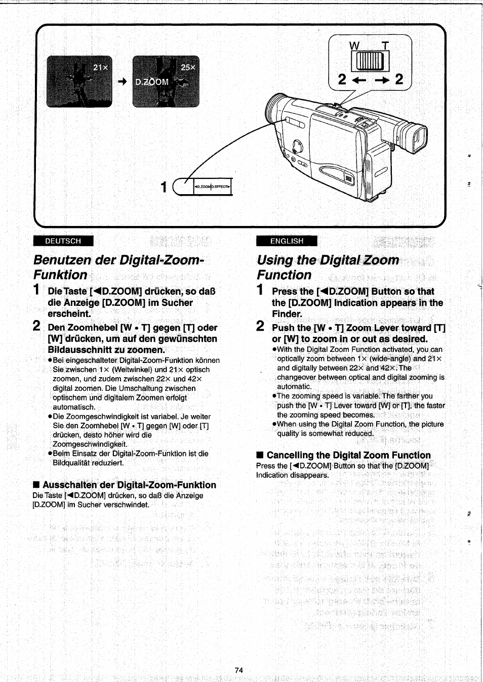 Benutzen der digital-zoom- funktion, Using the digital zoom function, Benutzen der digital-zoom-funktion | Panasonic NVRX33EG User Manual | Page 74 / 138