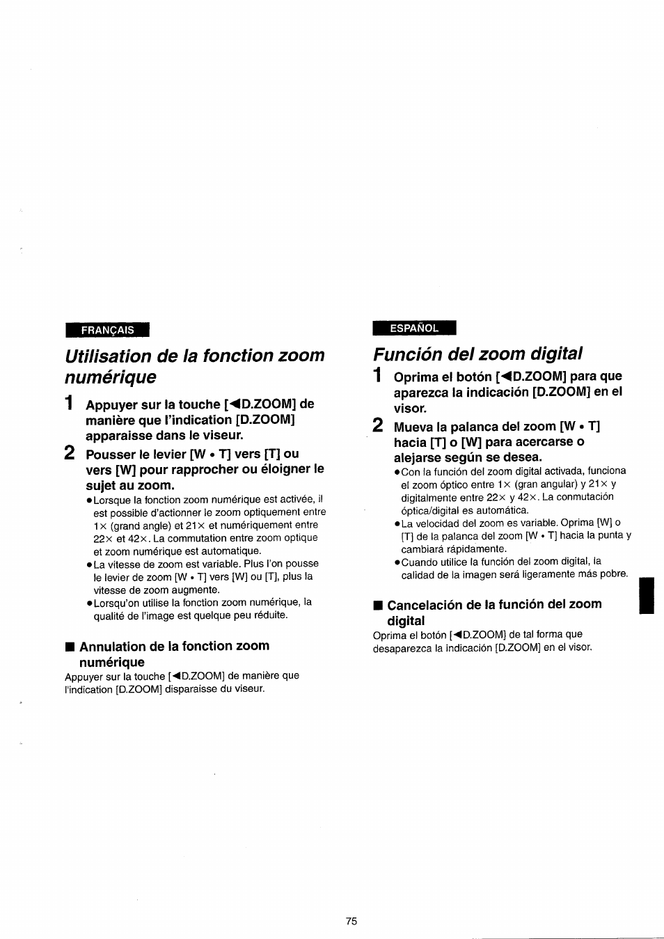 Utilisation de la fonction zoom numérique, Función del zoom digital | Panasonic NVRX33EG User Manual | Page 75 / 138