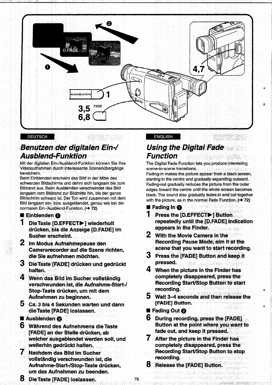 Benutzen der digitalen ein-/ ausblend-funktion, Using the digital fade function | Panasonic NVRX33EG User Manual | Page 78 / 138