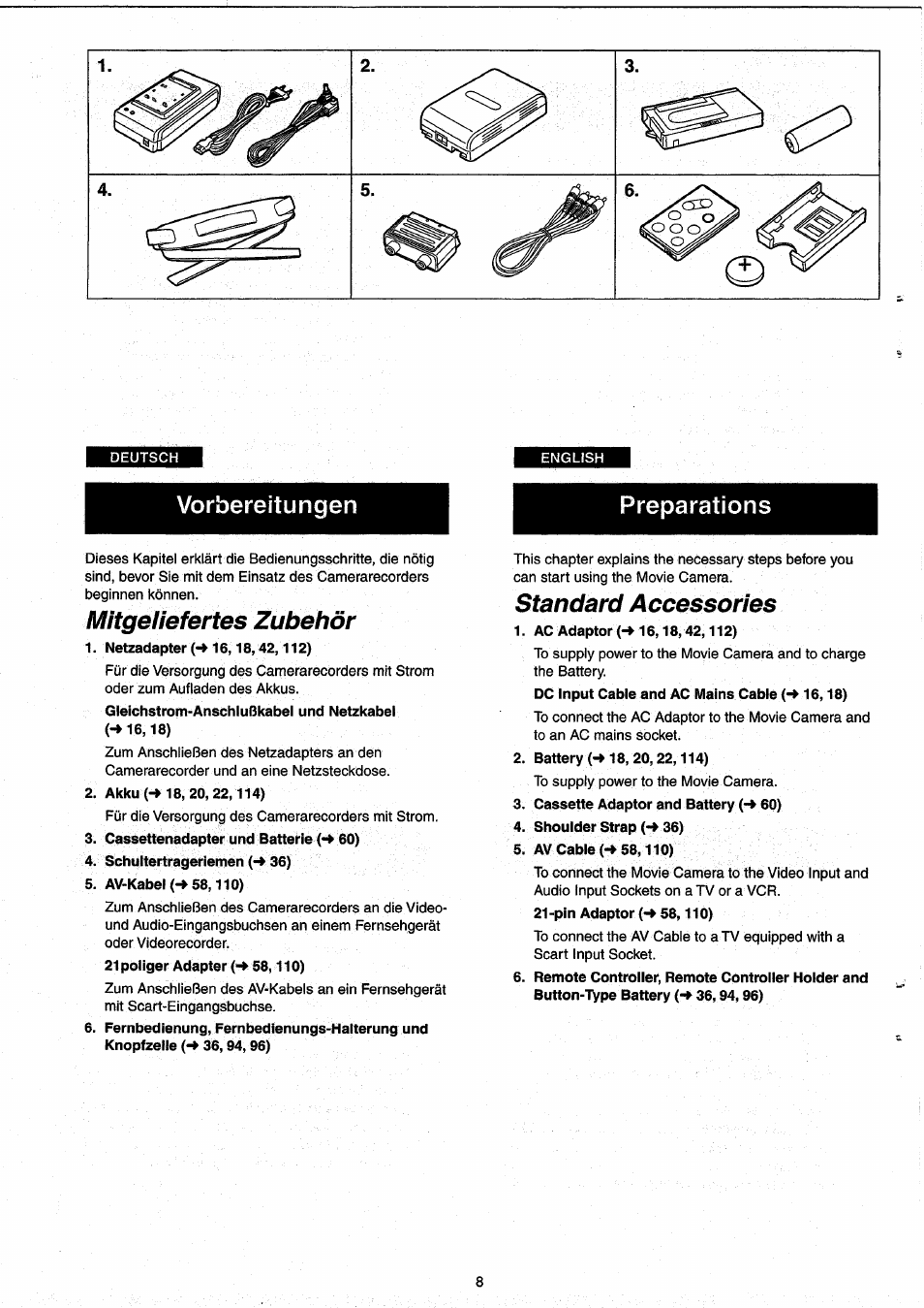 Mitgeliefertes zubehör, Standard accessories, Mitgeliefeiles zubehör | Panasonic NVRX33EG User Manual | Page 8 / 138