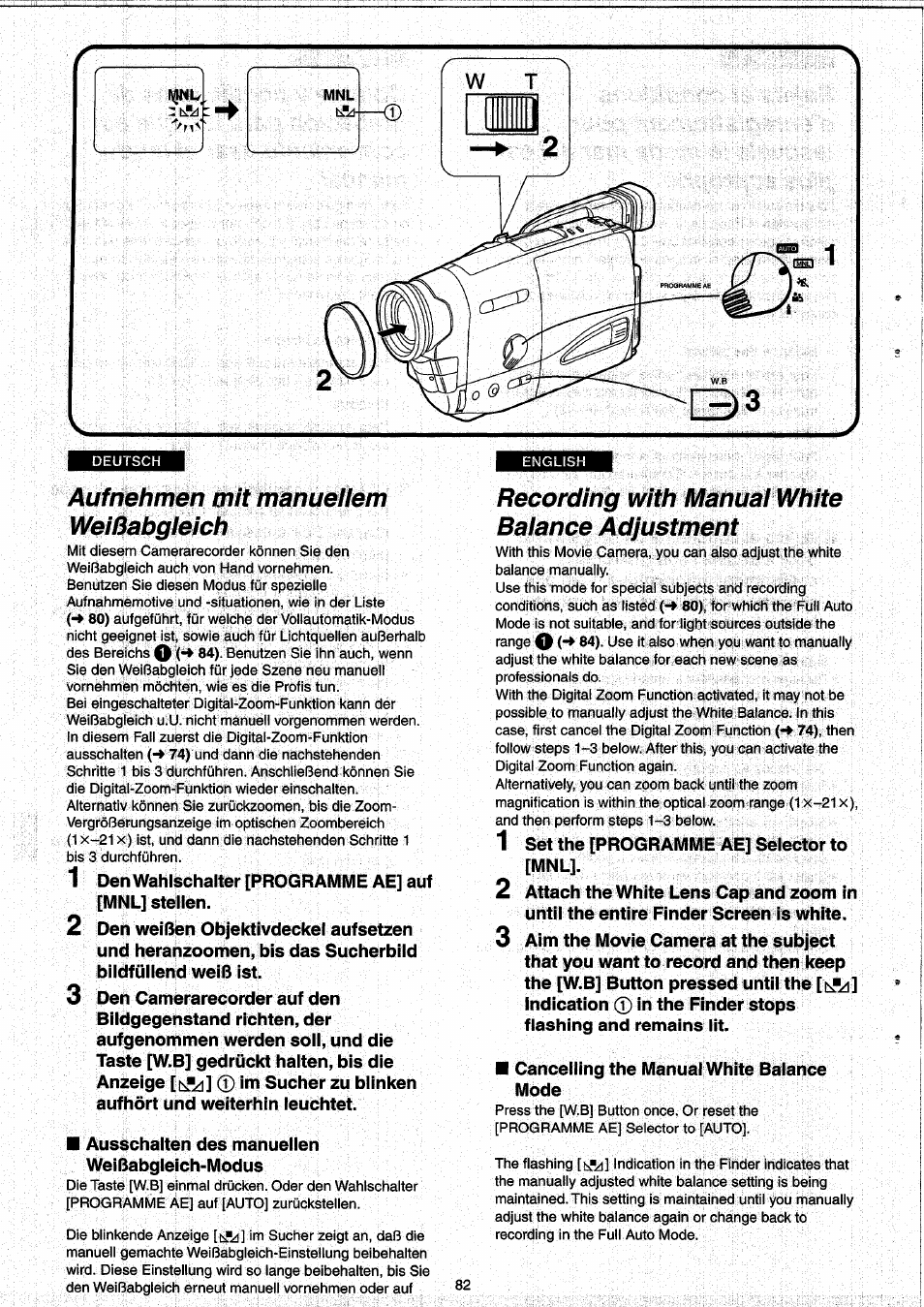 Auf nehmen mit manuellem weißabgleich, Recording with manual white balance adjustment, Aufnehmen mit manuellem weißabgleich | Panasonic NVRX33EG User Manual | Page 82 / 138