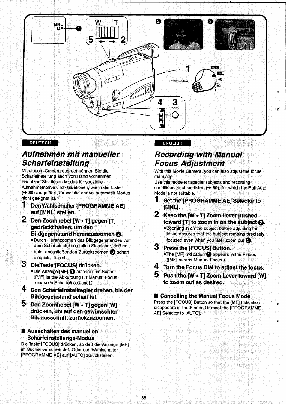 Aufnahmen mît manueller scharfeinstellung, Recording with manual focus adjustment, Aufnehmen mit manueller scharfeinstellung.86 | Panasonic NVRX33EG User Manual | Page 86 / 138