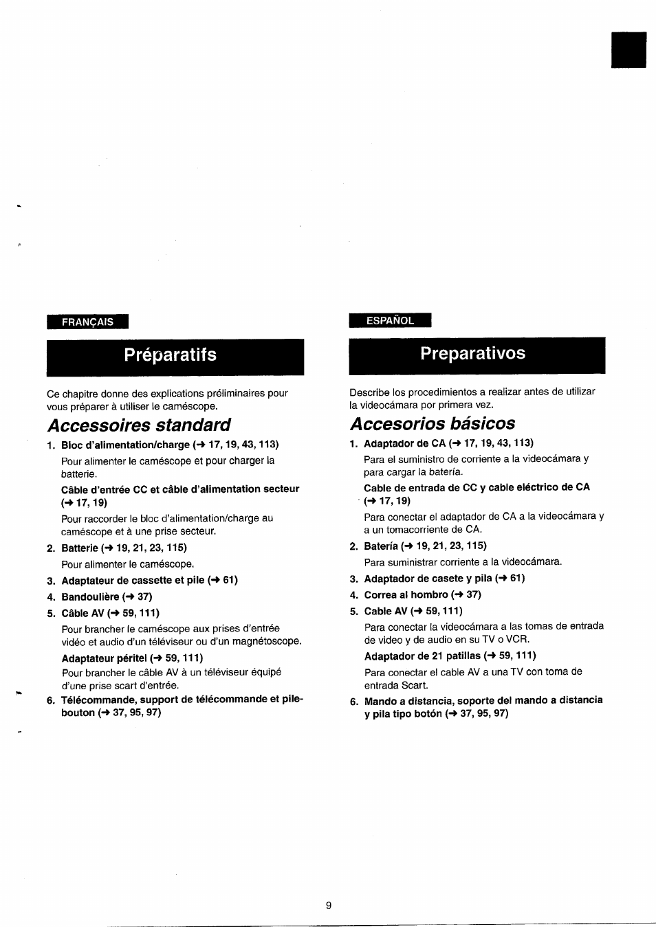 Accessoires standard, Accesorios básicos, Préparatifs preparativos | Panasonic NVRX33EG User Manual | Page 9 / 138