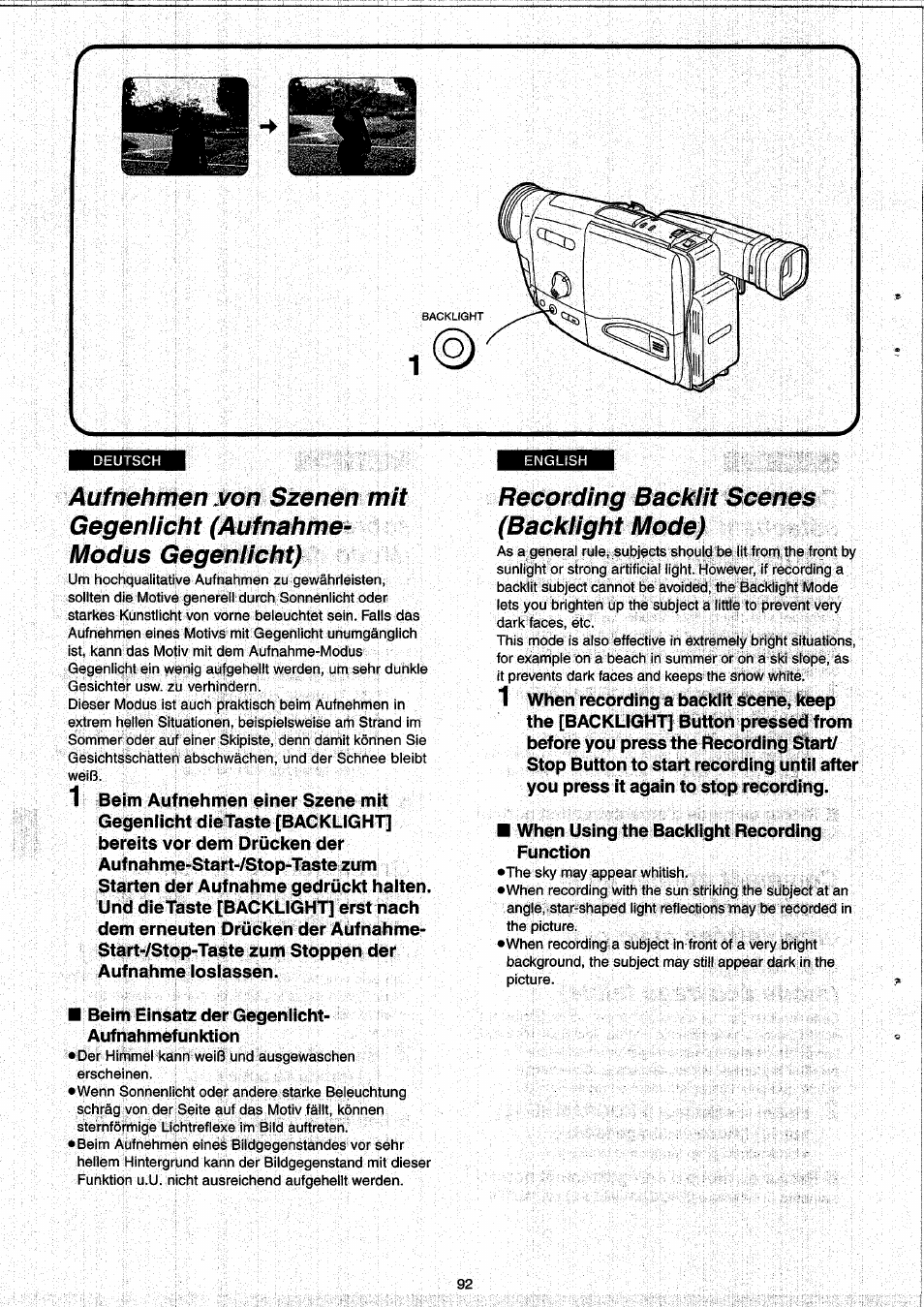 Recording backlit scenes (backlight mode), Recording backlit scenes (backlight mode).92 | Panasonic NVRX33EG User Manual | Page 92 / 138