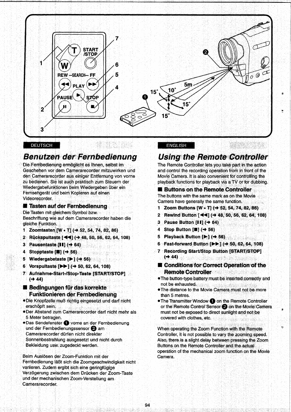 Benutzen der fernbedienung, Using the remote controlier, Using the remote controller | Panasonic NVRX33EG User Manual | Page 94 / 138