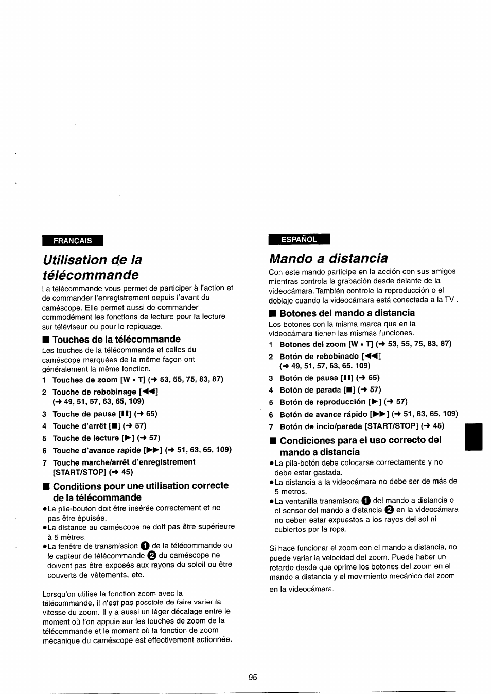 Utilisation de la télécommande, Mando a distancia | Panasonic NVRX33EG User Manual | Page 95 / 138